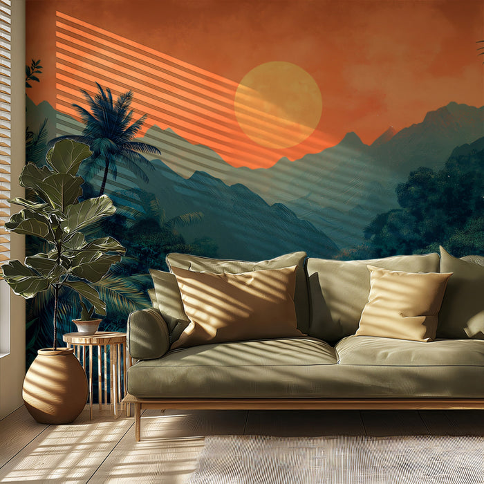 Lush Jungle Landscape at Sunset Mural Wallpaper | Tropical and Scenic Art