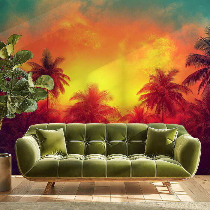 Tropical Palm Trees at Sunset Mural Wallpaper | Vibrant and Abstract Art