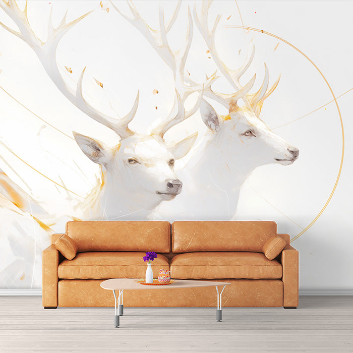 Muro murale con wallpaper cervo bianco con tocchi d'oro per un hotel o una sala d'attesa ufficio | Cervo bianco e oro e beige