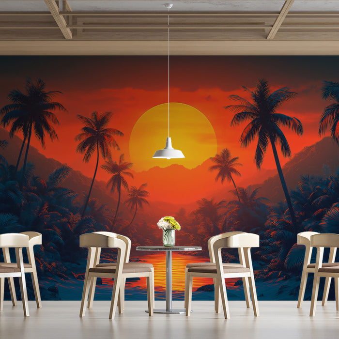 Sunset over a Tropical River Mural Wallpaper | Colorful and Exotic Landscape