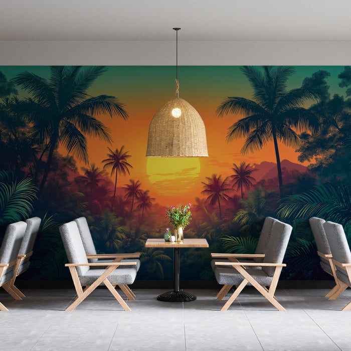 Dramatic Sunset in a Lush Tropical Jungle Mural Wallpaper | Vibrant Exotic Landscape