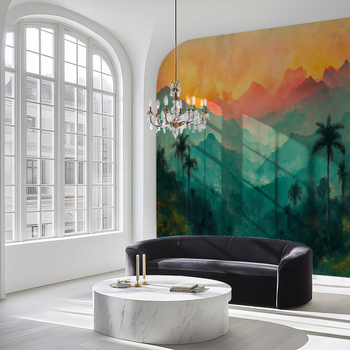 Layered Tropical Mountains at Sunset Mural Wallpaper | Abstract Scenic Art