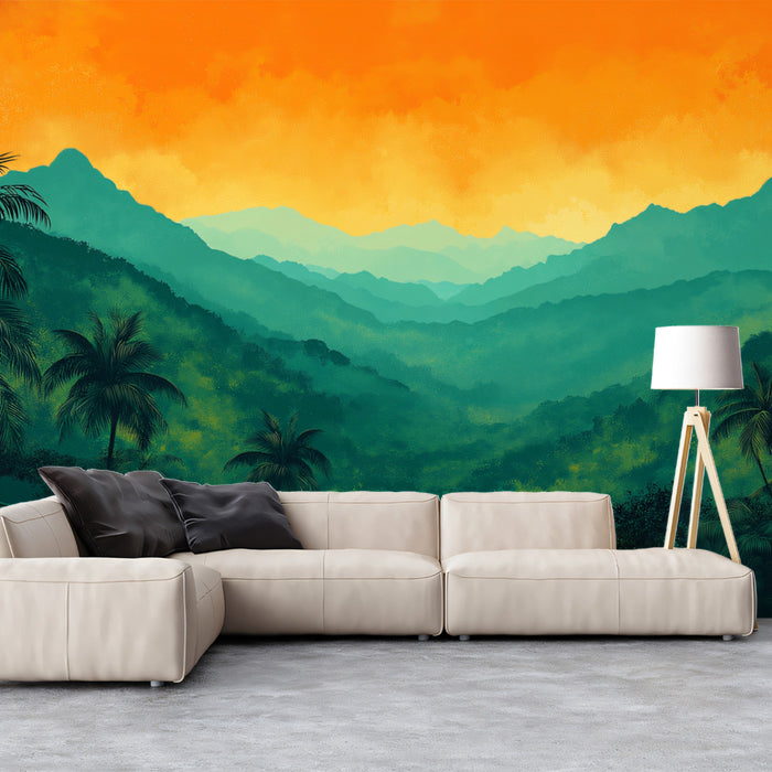 Vibrant Tropical Mountain Valley at Sunset Mural Wallpaper | Colorful Jungle Landscape