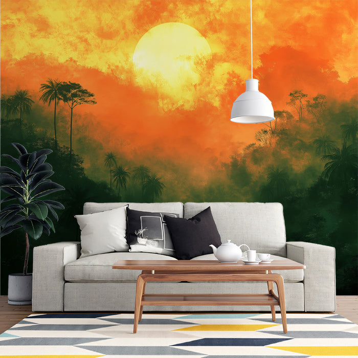 Misty Jungle Sunset with Palm Trees Mural Wallpaper | Ethereal Tropical Art