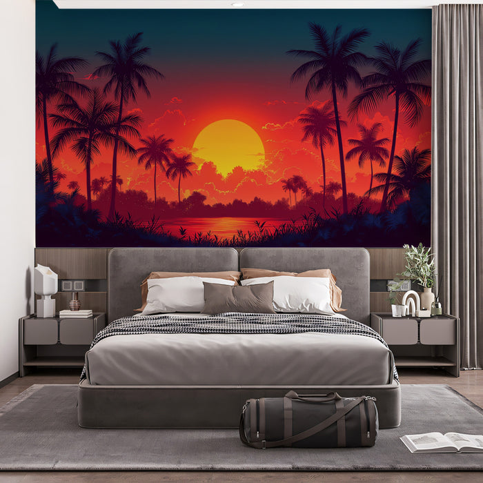Retro Synthwave Tropical Sunset Mural Wallpaper | Stylized Landscape Art