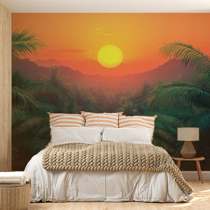 Serene Tropical Sunset with Palm Leaves Mural Wallpaper | Peaceful Nature Scene