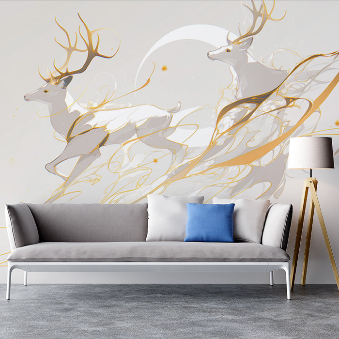 Papel tapiz mural de ciervos blancos con rayas doradas para una sala de estudio | Ciervos blancos, grises y dorados -1