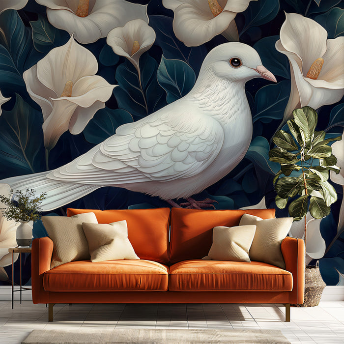 White Dove in a Field of Calla Lilies Mural Wallpaper | Peaceful and Beautiful Floral Scene
