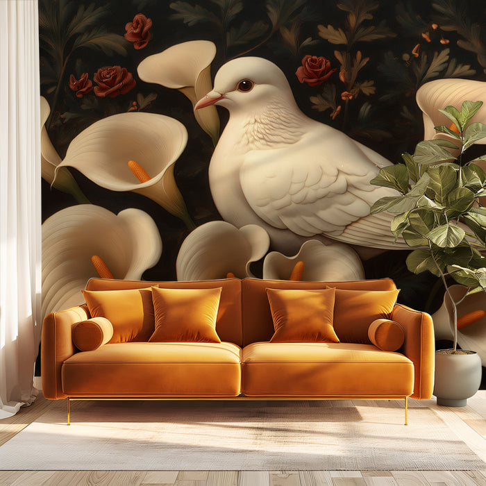 Elegant White Dove and Calla Lilies Mural Wallpaper | Classic Floral and Bird Art