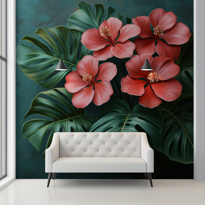 Modern Tropical Hibiscus and Monstera Leaves Mural Wallpaper | Bold Floral Art