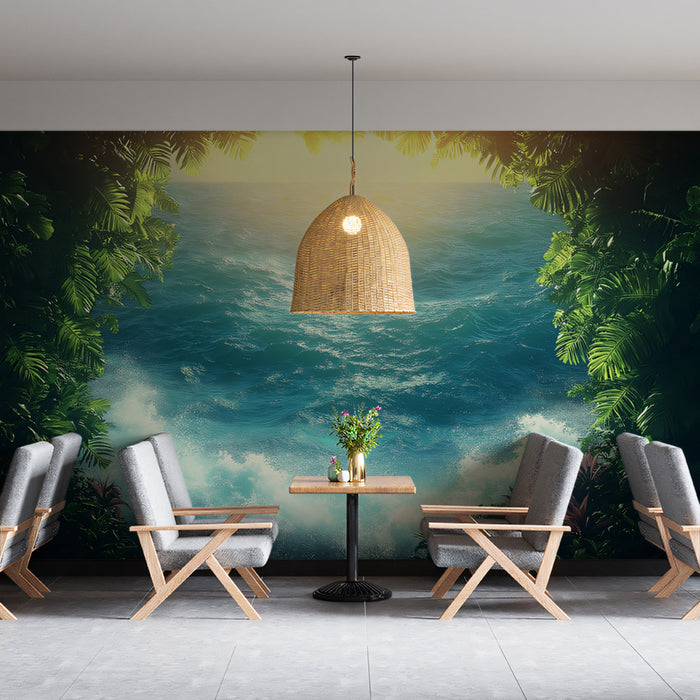 Glimmering Ocean View from a Tropical Cave Mural Wallpaper | Exotic Coastal Art