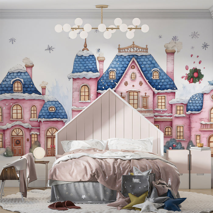 Whimsical Pink Winter Houses Mural Wallpaper | Charming Snowy Scene