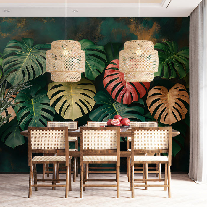 Stylish Tropical Monstera Leaves Mural Wallpaper | Modern Floral Pattern