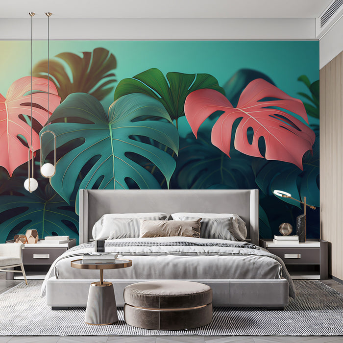 Vibrant Tropical Monstera Leaves with Pink Accents Mural Wallpaper | Colorful Botanical Art