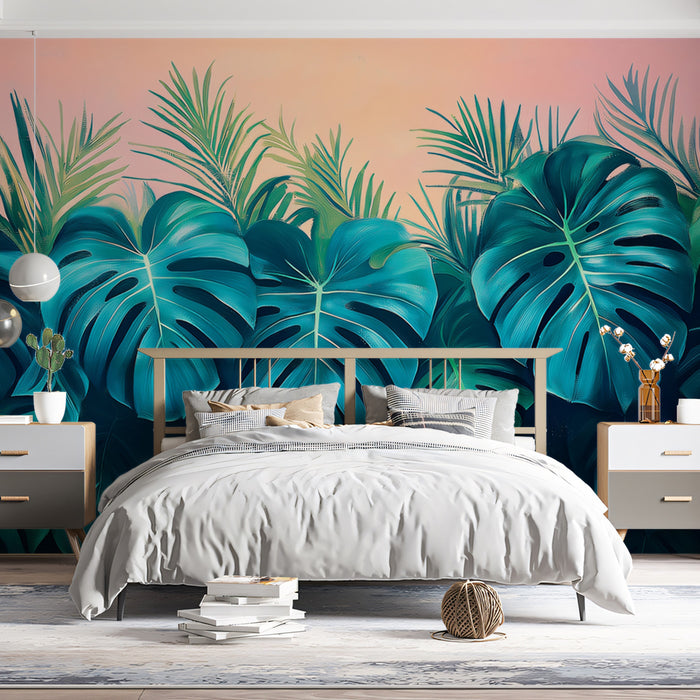 Majestic Tropical Monstera and Palm Leaves Mural Wallpaper | Bold Botanical Art