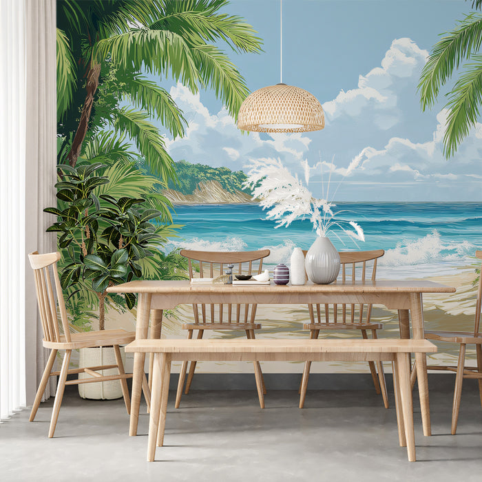 Dining room with wooden furniture and a mural of a beach scene on the wall.