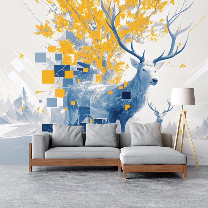 Papel tapiz mural geométrico azul con ciervos amarillos y azules | Azul, Amarillo y Blanco