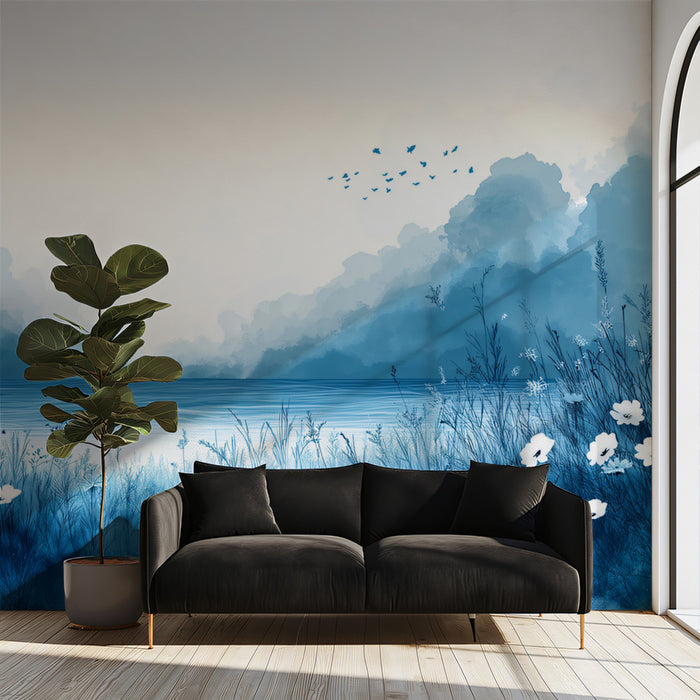 Minimalist Blue Watercolor Landscape Mural Wallpaper | Serene Nature Art