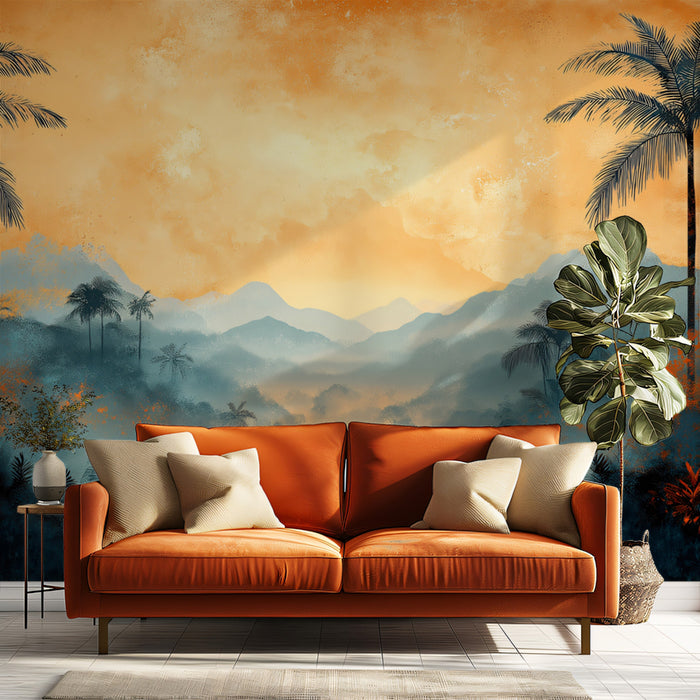 Misty Tropical Mountain Landscape Mural Wallpaper | Ethereal Sunset Art
