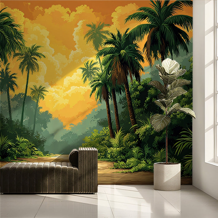 Sunlit Jungle Path with Palm Trees Mural Wallpaper | Warm and Inviting Landscape