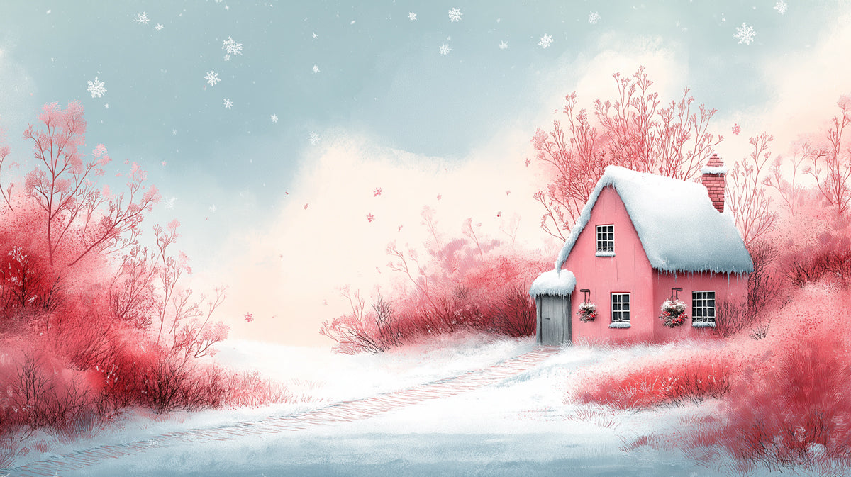 Pink Winter Cottage in a Snowy Wonderland Mural Wallpaper | Charming and Whimsical Scene