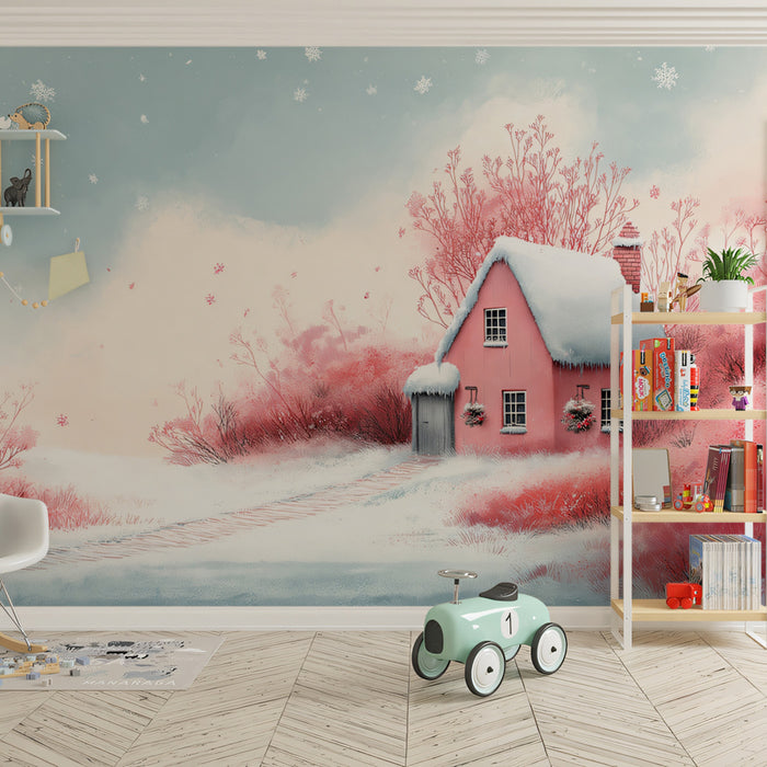 Pink Winter Cottage in a Snowy Wonderland Mural Wallpaper | Charming and Whimsical Scene