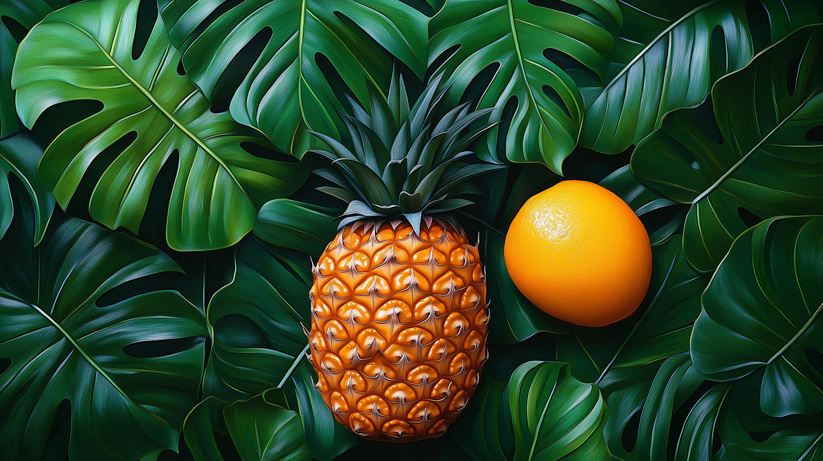 Foglie di Monstera Tropicale con Ananas e Arancia Affresco | Arte Moderna di Frutta e Botanica