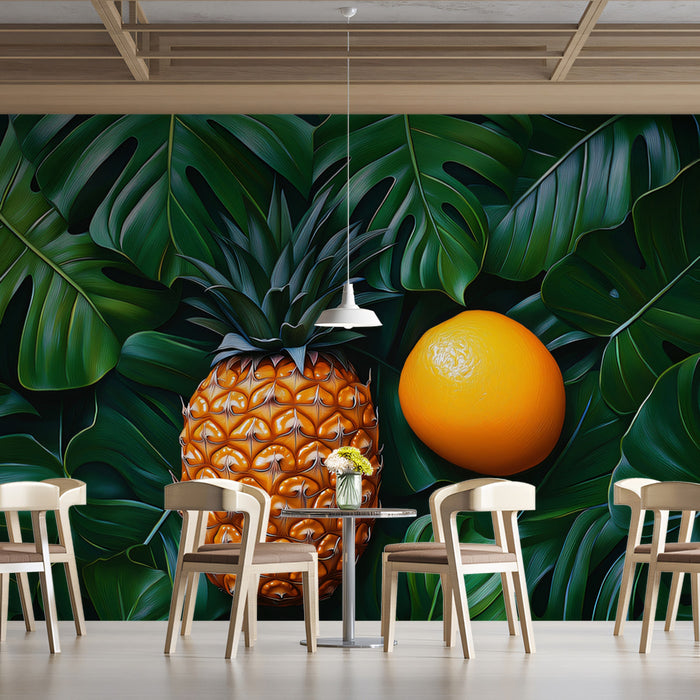 Tropical Monstera Leaves with Pineapple and Orange Mural Wallpaper | Modern Fruit and Botanical Art