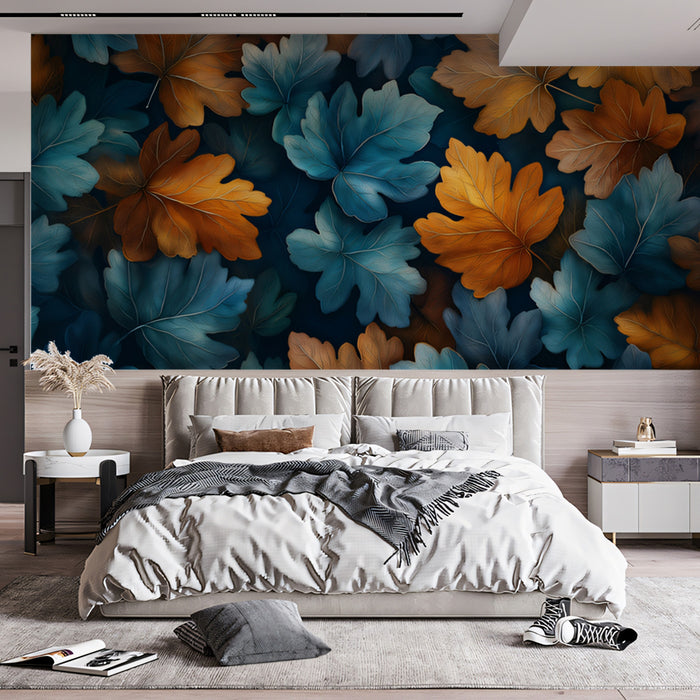 Abstract Blue and Orange Autumn Leaves Mural Wallpaper | Modern Fall Pattern