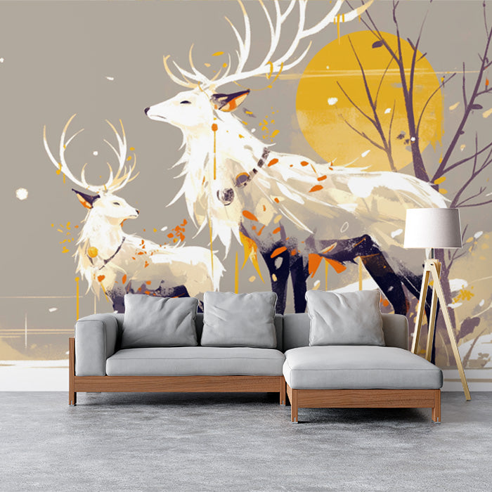 Papel tapiz mural de ciervos blancos con rayas doradas para sala de estar | Ciervos blancos, grises y dorados -2