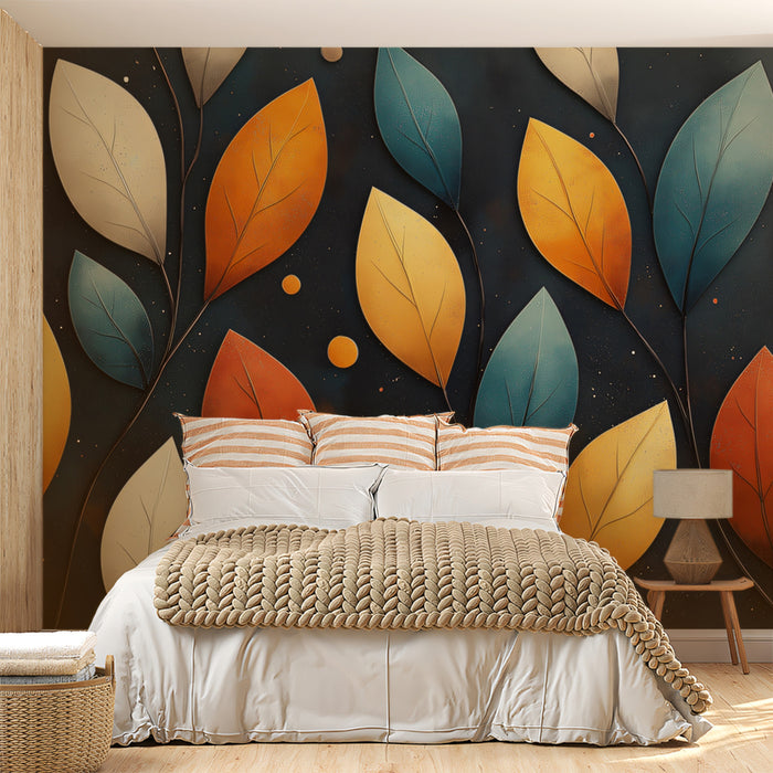 Stylized Colorful Leaves on Branches Mural Wallpaper | Modern Folk Art Pattern