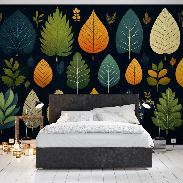 Stylized Autumn Leaves Pattern Mural Wallpaper | Colorful Botanical Art