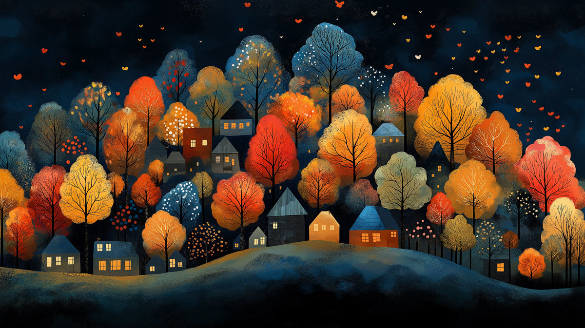 Villaggio Autunnale Capriccioso di Notte Affresco | Scena Accogliente e Colorata