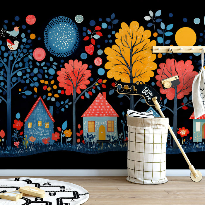 Stylized Folk Art Village at Night Mural Wallpaper | Vibrant and Playful Scene