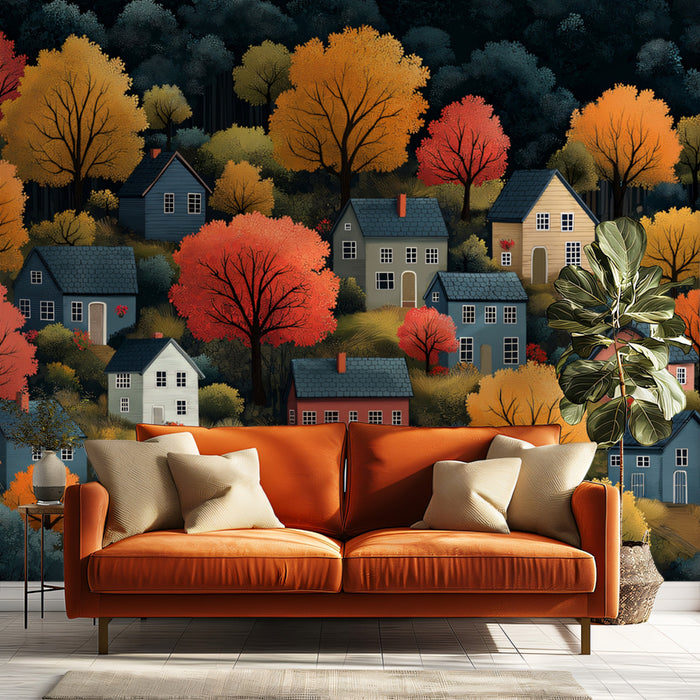 Autumn Village in a Forest Landscape Mural Wallpaper | Cozy Fall Scene
