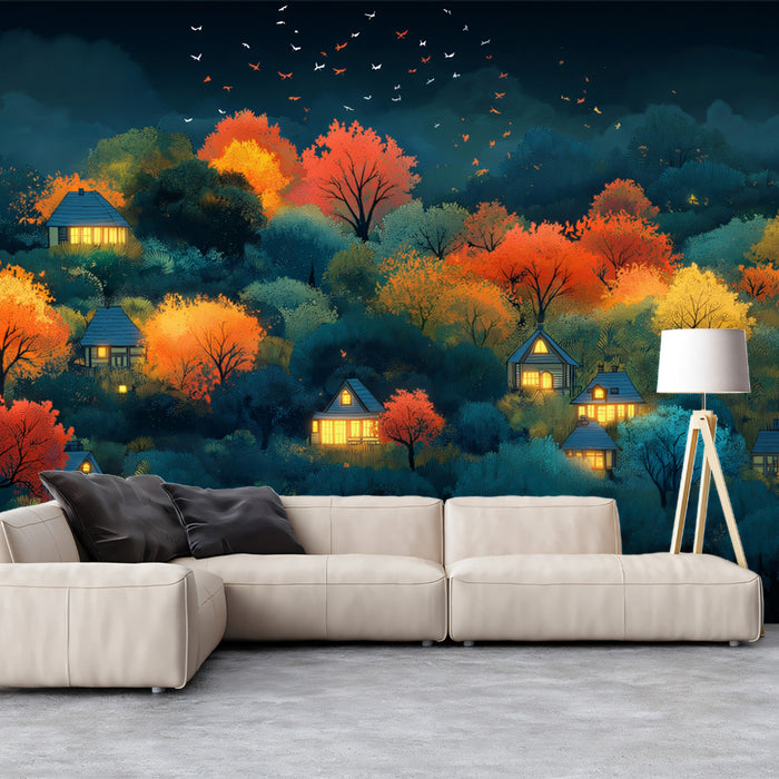 Glowing Village in a Misty Autumn Forest Mural Wallpaper | Ethereal and Magical Scene