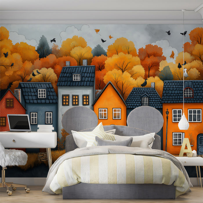 Autumn Village with Textured Houses and Trees Mural Wallpaper | Rustic and Colorful Scene