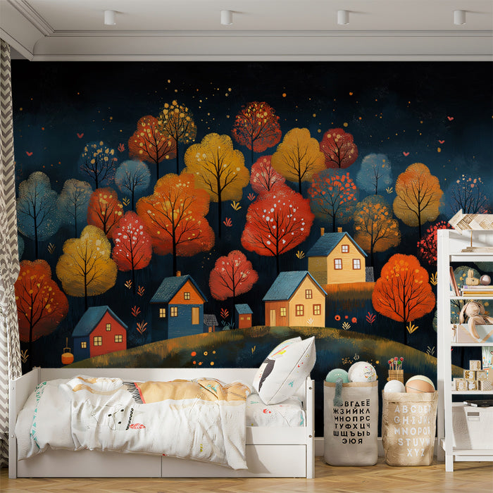 Starry Night Autumn Village on a Hillside Mural Wallpaper | Whimsical Fall Scene