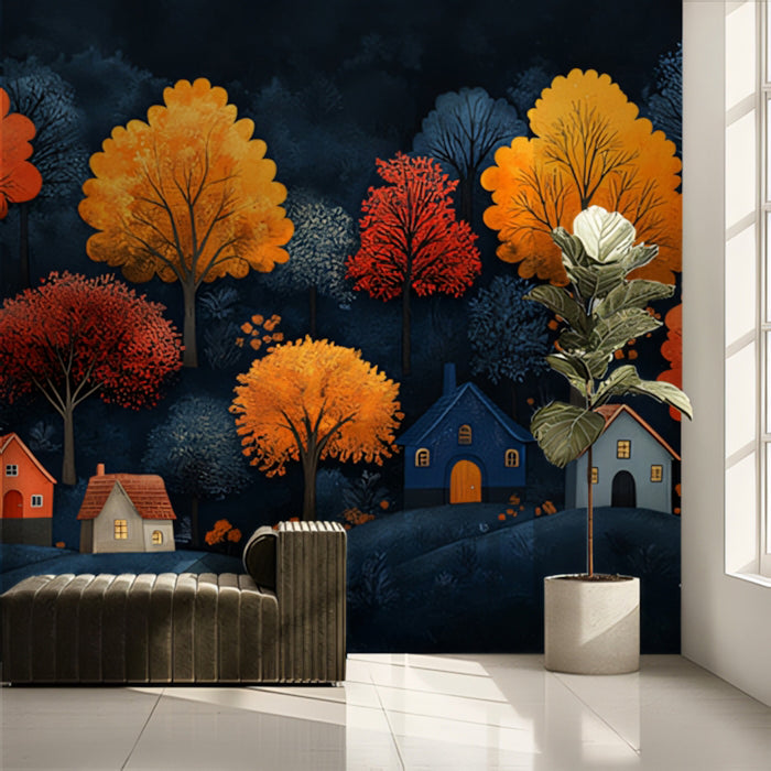Stylized Autumn Village in a Dark Forest Mural Wallpaper | Moody and Cozy Scene