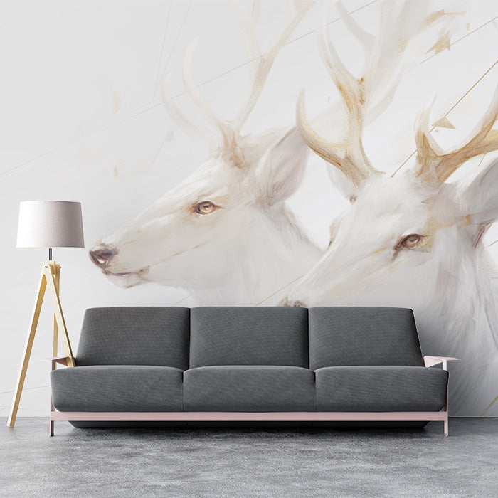White Deers with Gold Accents Mural Wallpaper | White, Gold and Beige Deer