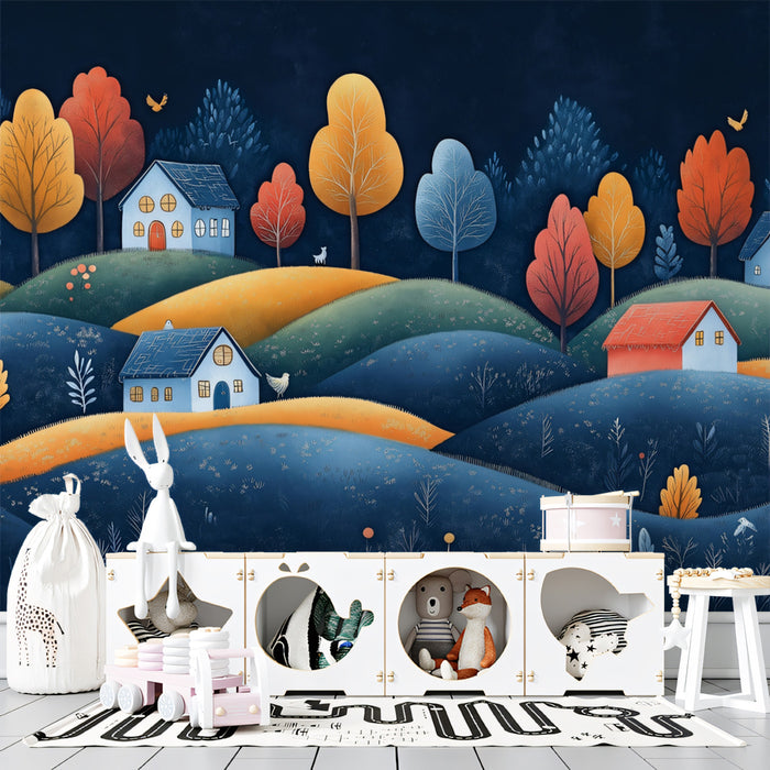Colorful Autumn Village in a Dark Landscape Mural Wallpaper | Whimsical Night Scene