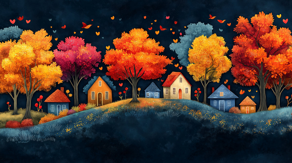 Pueblo otoñal caprichoso de noche Papel tapiz mural | Paisaje de cuento de hadas