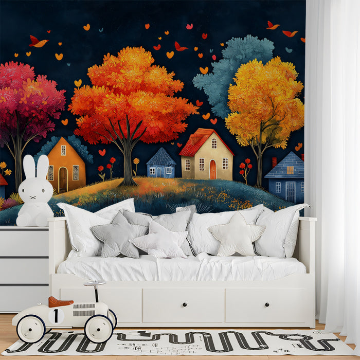 Whimsical Autumn Village at Night Mural Wallpaper | Storybook Landscape