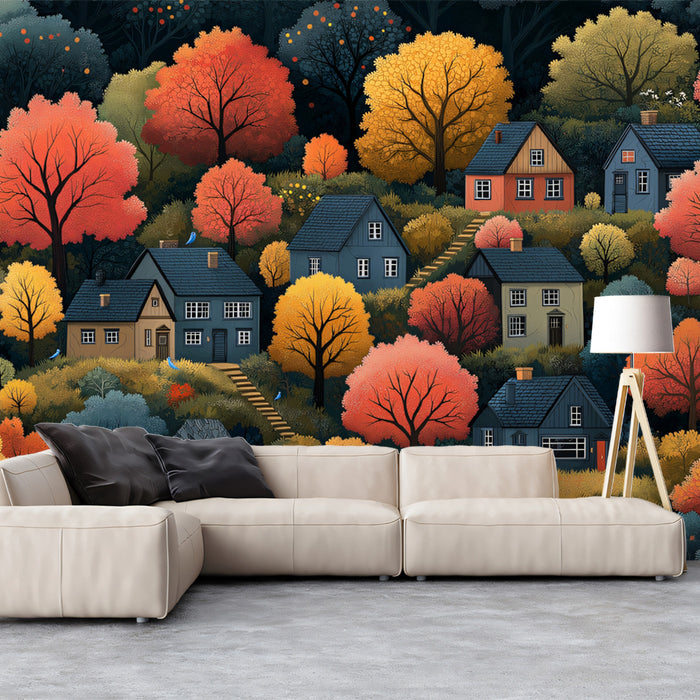 Cozy Autumn Village on a Hillside Mural Wallpaper | Whimsical Fall Scene
