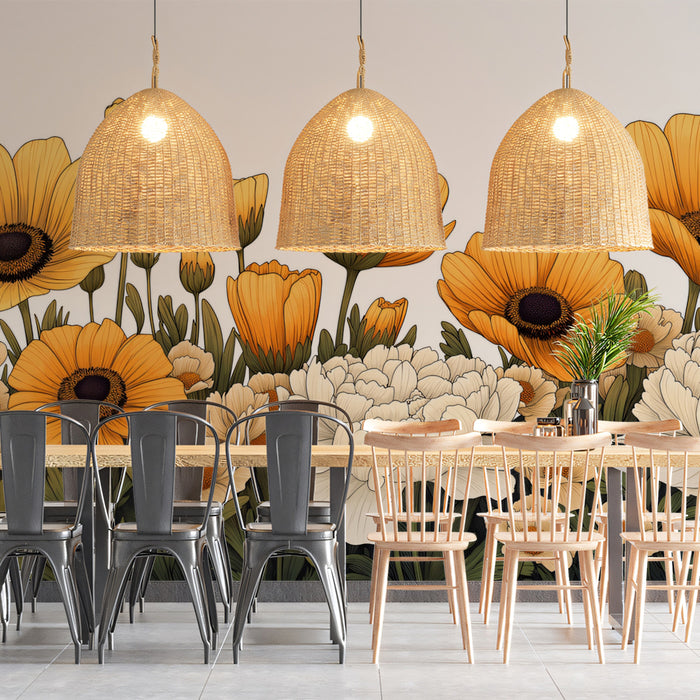 Golden Flowers in a Meadow Mural Wallpaper | Vibrant Floral Art