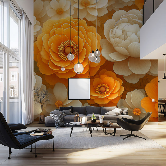 Lush Golden and White Floral Pattern Mural Wallpaper | Elegant Botanical Art