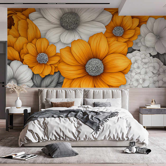 Modern Golden and White Floral Mural Wallpaper | High-Contrast Botanical Art