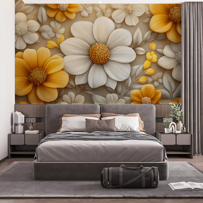 Elegant Floral Pattern with Golden and White Flowers Mural Wallpaper | Serene Botanical Art