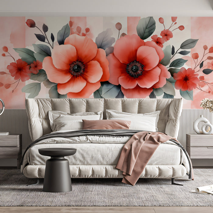 Vintage Pink and White Stripes with Floral Mural Wallpaper | Retro Botanical Art