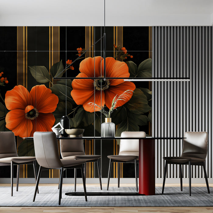 Dramatic Floral Art with Gold Stripes Mural Wallpaper | Luxurious and Elegant Design